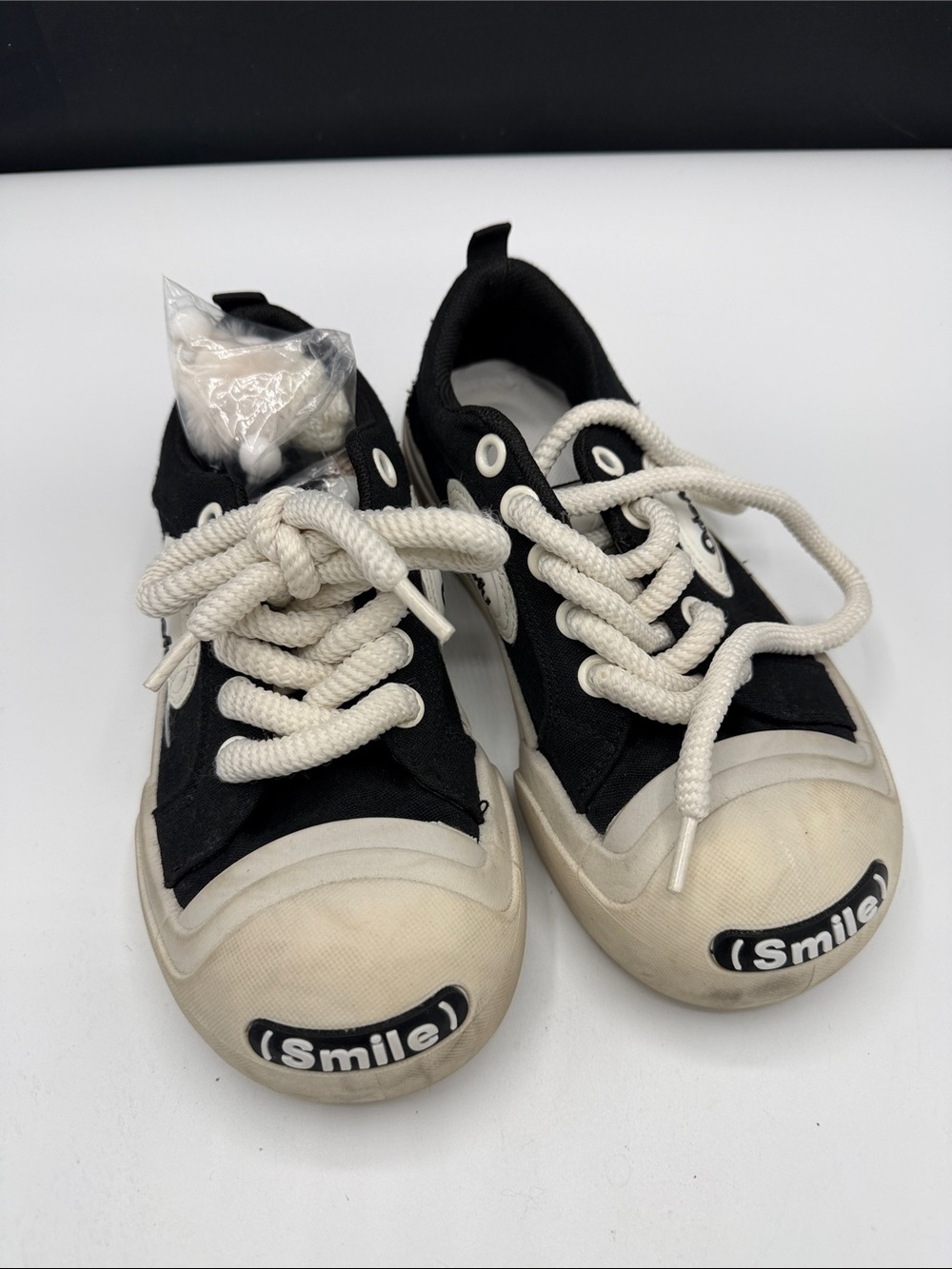 Kids Black Canvas Lace-Up Sneakers with Cream Accents